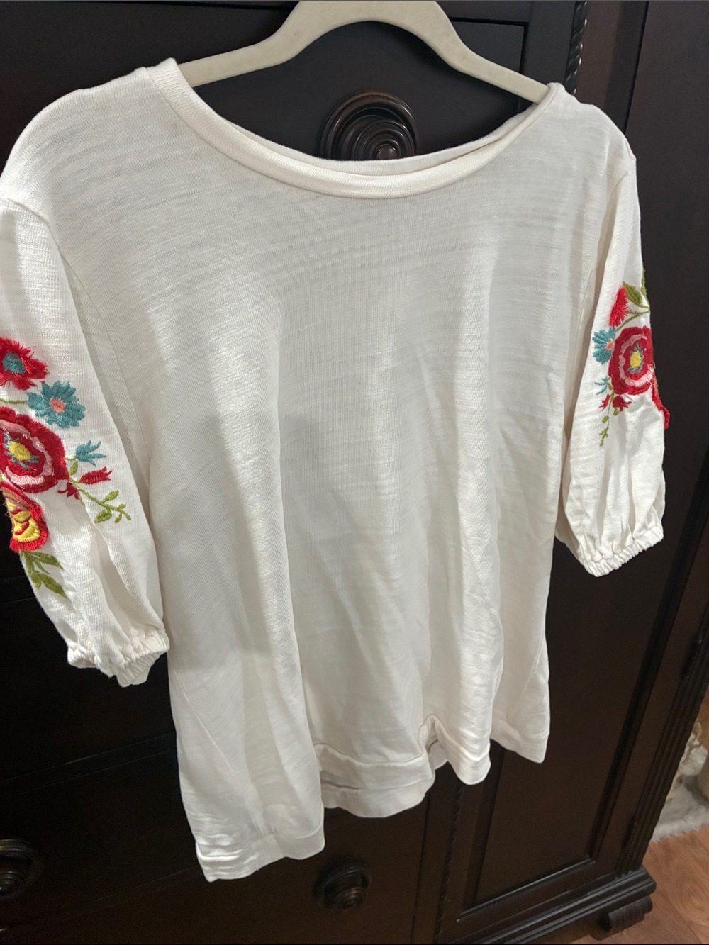 LOFT White Tunic Top with Floral Embroidered Puff Sleeves